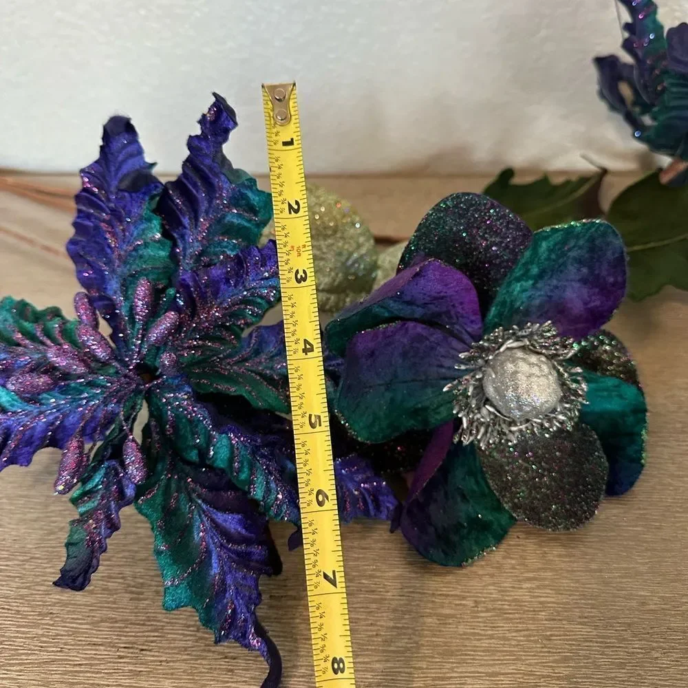 Peacock Teal Purple Velvet Floral Flower Stems 3-pc Lot